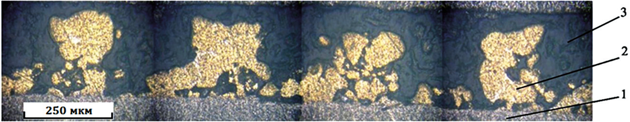Микрофотография попе- речного разреза ЛМФМ с пористым бронзовым слоем, имеющим «столб- чатую» структуру: 1 — стальная основа, 2 — шип припеченного слоя бронзы, 3 — ПТФЭ-композиция